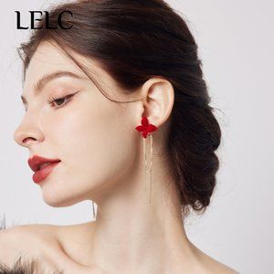 LELC red flower tassel earrings